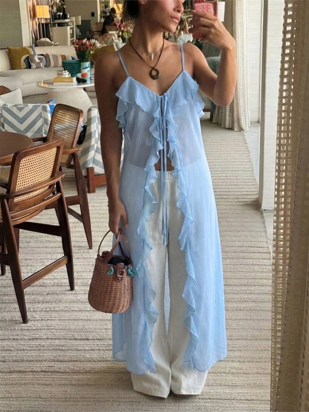 Baby Blue Casual Women's Sexy Bohemian Style Sheer Extra Long Blouse